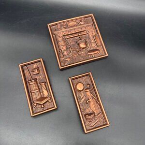 Vintage Copper Kitchen Scene Chalkware Wall Hanging Set Of 3 Decorative Plaques